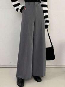Pantalones anchos de pierna ancha casuales de unicolor para mujer, pantalones de vestir para mujer - Gris Claro - Ver 8