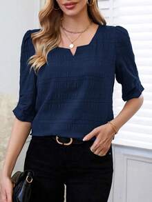 Camisa de mujer con cuello en V y estampado floral, de uso casual y versátil para el día a día - Azul marino - Ver 4
