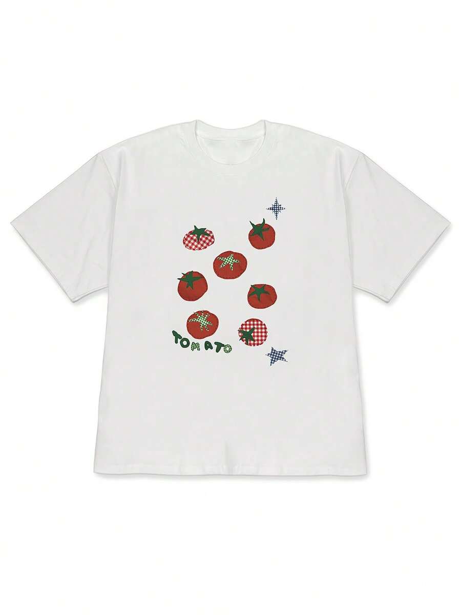 Ropa de mujer, modelo de gran  2026: Camiseta de manga corta para mujer, estilo vintage a cuadros con estampado divertido de tomates, estilo campestre fresco, corte holgado con hombros caídos. Un top casual popular entre los coreanos.