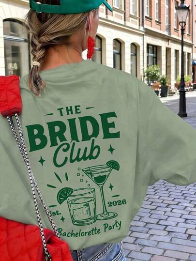 1pc Women Summer Loose Short Sleeve T-Shirt Top, Bride Club, Bachelorette Party Graphic Print Tee, Lovely Apparel Top, Women Holiday . Festival , Casual Summer Women Wear, Holiday Attire.