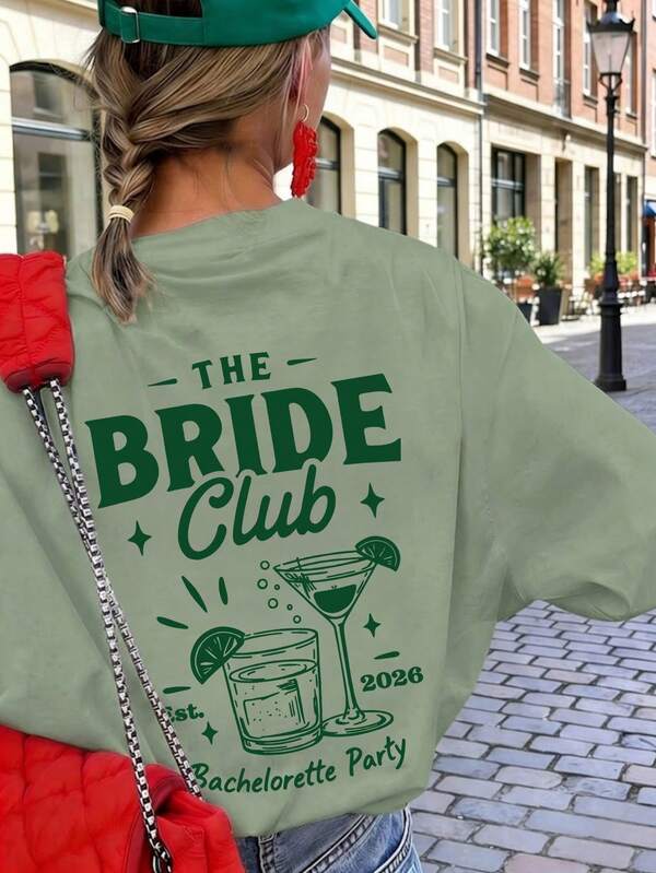 1 peça T-shirt feminina de verão solta com manga curta, Bride Club, T-shirt com estampa gráfica para festa de despedida de solteira, top de vestuário adorável, roupa feminina para férias, festival, casual de verão, traje de férias.