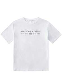 1 Piece 356T Women's Casual T-Shirt, Round Neck, Short Sleeve, White, With Letter Print, Summer, 180g, 100% Cotton - 黑色 - 查看 10