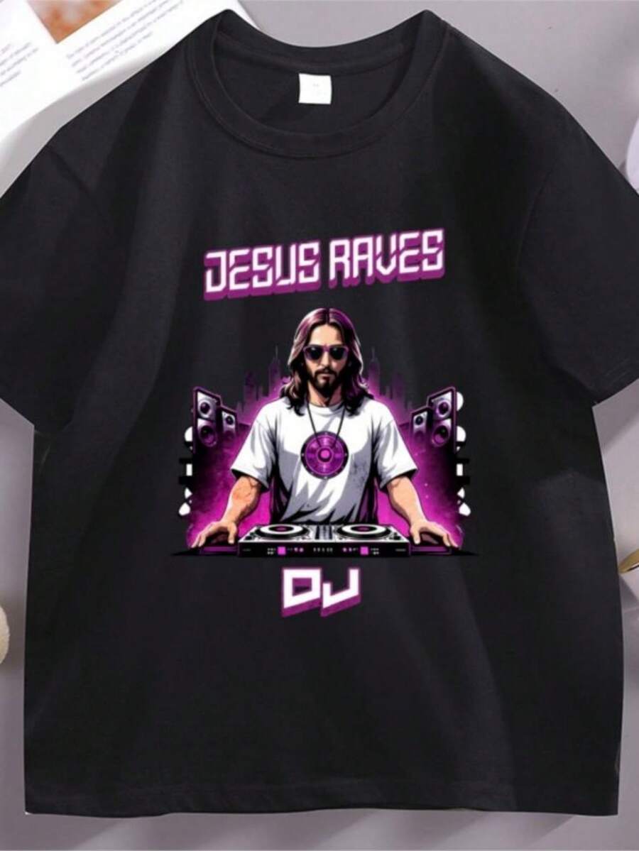 Women's T-Shirts Jesus Raves DJ Graphic T Shirts Men Women Cotton Short Sleeve T-Shirt Casual Round Neck Comfortable Tshirt Basic Tees - 黑色 - 查看 1