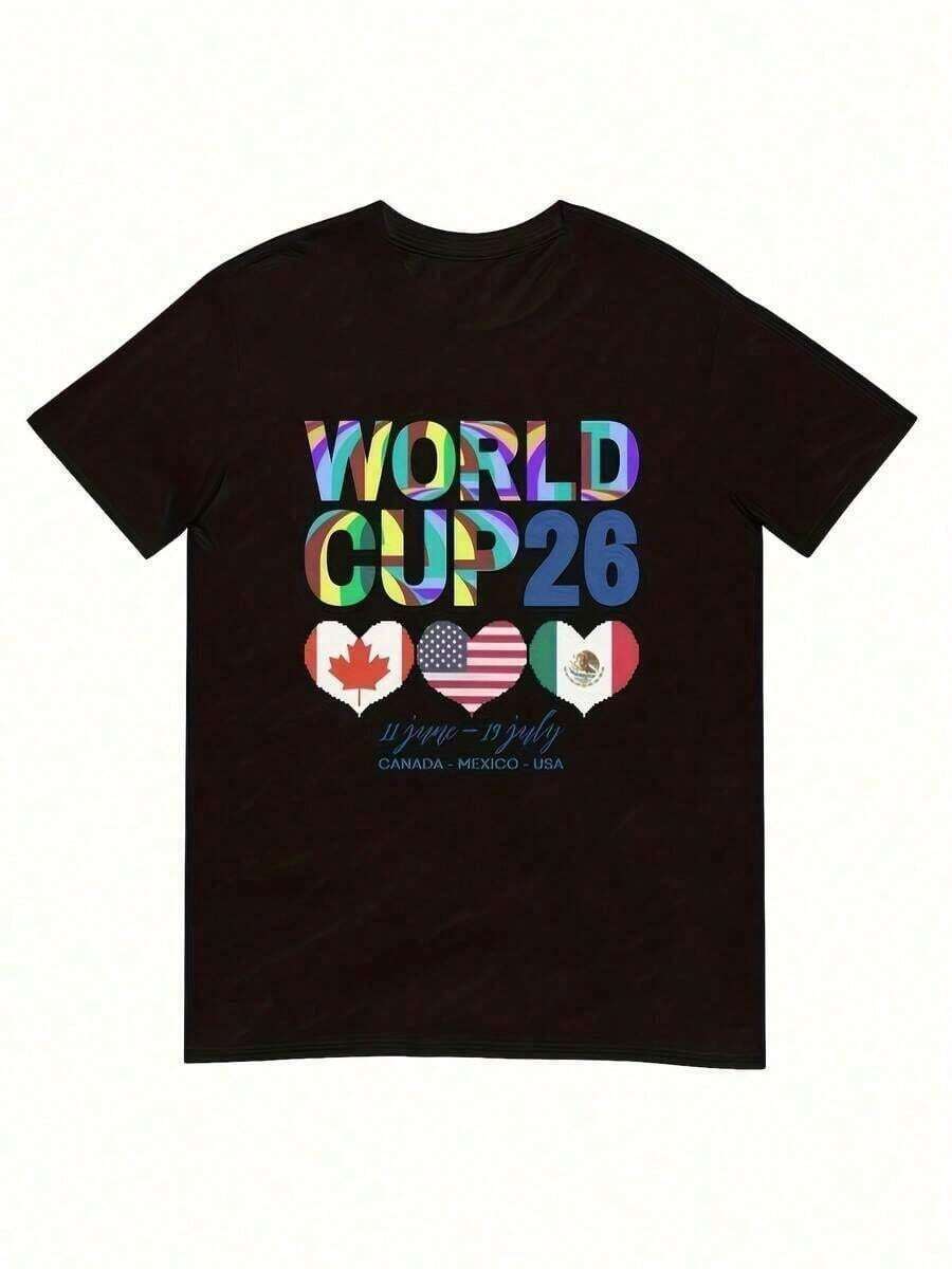 Camiseta de Fútbol 2026 USA Canadá México, Unisex, 180g, Poliéster de Alta Densidad, Cuello Redondo, Manga Corta, con Banderas Oficiales de los Equipos y Diseño de Corazón, Ropa Deportiva Casual para Hombres y Mujeres (Lavable a Máquina) - Negro - Ver 1