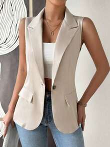 Blazer sin mangas de estilo elegante de color verde oliva para mujer, chaleco casual con solapa y botón en tela tejida lisa, corte regular - Albaricoque - Ver 3