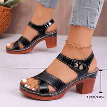 Summer Open Toe Sandals, Vintage PU Leather Rivet Embellished Chunky High Heel Bare Strap Design, Party Wear For Spring & Summer - Black - View 7