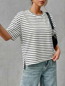 Camiseta holgada de estilo minimalista casual para mujer, con parte delantera corta y parte trasera larga, versátil para usar en la calle, adecuada para primavera y verano - Multicolor - Ver 7