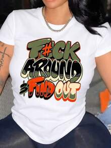 Olive Green Military Style T-Shirt With Casual Print - Black, With A Striking "FIND OUT" Graffiti Print, Geometric Pattern, Regular Fit, Machine Washable, Comfortable For All Seasons, Women's Military Style T-Shirt, Wrinkle-Resistant Cotton T-Shirt. - 白色 - 查看 5
