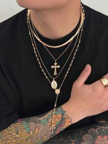 4 piezas Collar con colgante de cruz vintage punk, collar de perlas falsas personalizado de hip hop para hombres, uso casual diario y de fiesta, regalo de vacaciones - 4 piezas - Ver 15