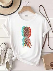 Vintage Loose Fit Women's T-Shirt With Letter Print, Casual Daily Wear, Pineapple T-Shirt, Lifestyle Swinger Vaporwave Oversize T-Shirt, 100% Pure Cotton - 白色 - 查看 1