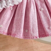 Girls' Pink Denim Lace Trim Short Sleeve Top + Pleated Skirt 2 Pieces Set, Spring/Summer Casual, School, Photo Shoot - Pink - View 8