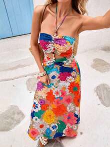 Vestido de gasa con estampado para primavera y verano con cuello de halter para mujeres - Multicolor 2 - Ver 3