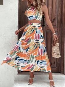 Elegant Green Fitted Short-Sleeved Blouse With Asymmetrical Shoulder + Elegant Beige A-Line Fitted Skirt, Perfect For Vacation/Resort Wear - 彩色 - 查看 2