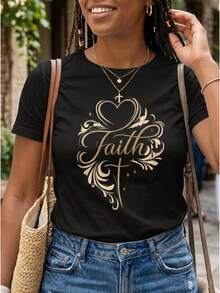 Camiseta de manga corta para mujer, estilo artístico Faith con corazones y letras, edición limitada, ligera y transpirable, de algodón, a y única, suave y transpirable, elasticidad media, lavable aáquina, esencial para primavera y verano, con estampado de cuello redondo. - Negro - Ver 7