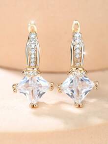 1 par de pendientes para mujer con elegantes y modernas piedras centrales de circonita cúbica de talla cuadrada engastadas en hilera. Perfectos como joyas únicas y accesorios de moda para mujeres y niñas, o como regalos de cumpleaños o joyas para fiestas. - Amarillo Oro - Ver 3