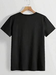 Camiseta de Mujer con Patrón de París - Negra con Impresión Blanca - Top Casual Suave y Transpirable - Diseño de Cuello Redondo Suelto - Lavable a Máquina, Ropa de Verano, Moda Urbana, Tela Cómoda, Manga Corta, Estilo de Moda - Negro - Ver 2