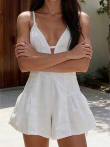 Women's Sleeveless Deep V Neck Shorts Denim Romper Spaghetti Strap Tie Backless Ruffle Jean Overalls - 白色 - 查看 1