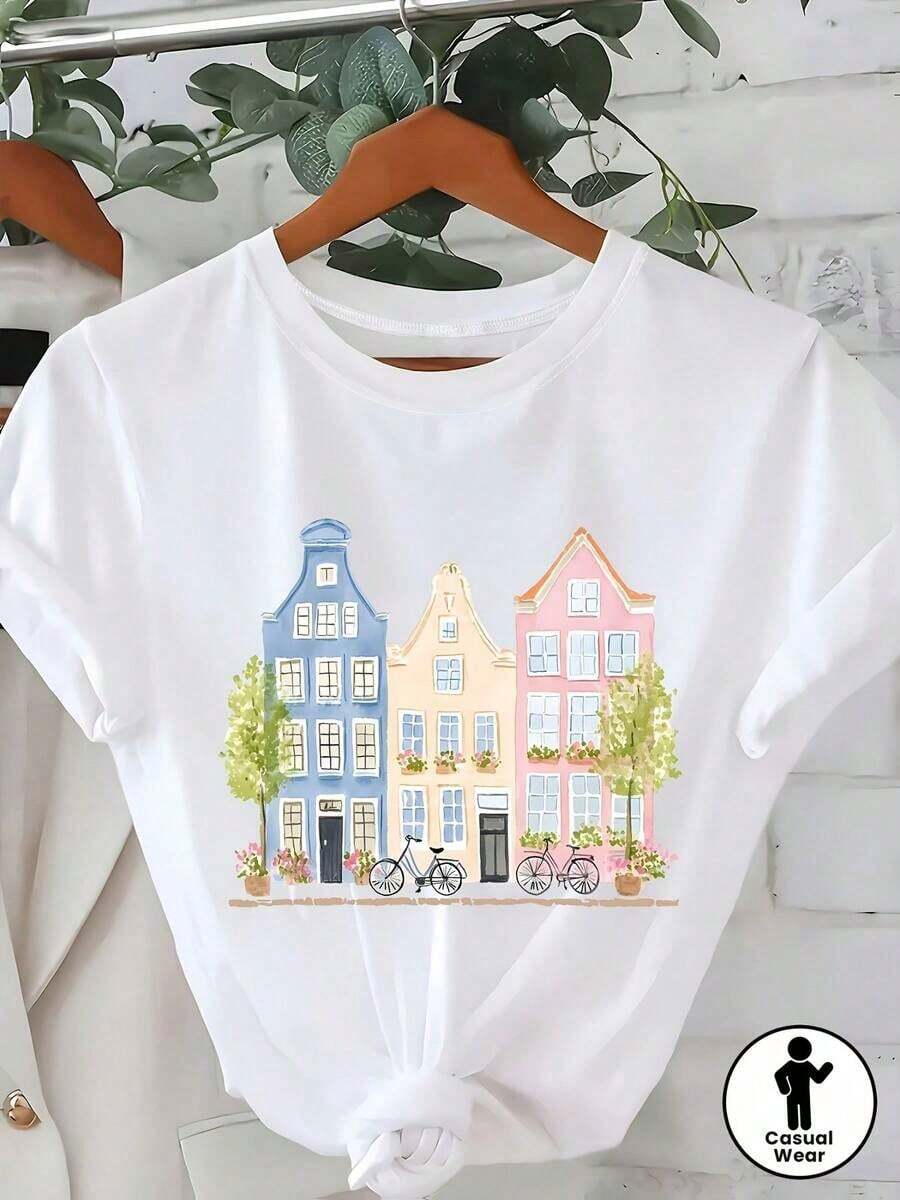 Camiseta Casual con Estampado Gráfico para Mujer, Manga Corta, 1 Pieza, 100% Algodón Pesado - Cuello Redondo Cómodo, Camisetas Suaves y Adorables, 100% Algodón, Duradera - Blanco - Ver 1