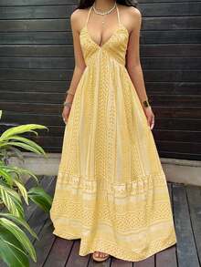 xheSunnyshic Vestido maxi con escote en V profundo, cuello halter, espalda descubierta y cintura con lazo, con lunares negros, estilo sexy y elegante europeo y americano, adecuado para primavera/verano y vacaciones en la playaxhe - Multicolor 7 - Ver 6