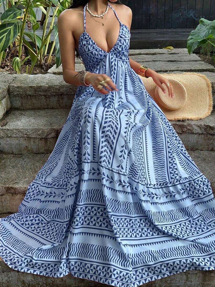 YHHSunnyshic Vestido con estampado digital rosa, cintura ajustada, espalda descubierta, tirantes con lazo, estilo francés de escote en V para vacaciones en la playaYHH - Multicolor 4 - Ver 1