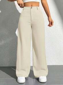 Pantalones rectos de unicolor casuales para mujer - Beis - Ver 5