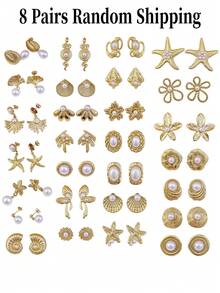 Pendientes ovalados retorcidos multifuncionales de perlas falsas, pendientes de botón grandes y exagerados de color dorado, conjunto de pendientes de joyería de estilo bohemio con forma de estrella, perlas falsas y diseño geométrico floral, adecuados para fiestas, vacaciones, bodas, uso diario, festivales de música, vacaciones en la playa y otras ocasiones. Ideal para el Día de San Valentín, cumpleaños, Día de la Madre, etc. - Dorado - Ver 10