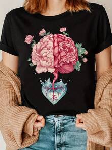 Camiseta con estampado de corazón y diseño floral del cerebro humano - Negro - Ver 1