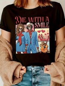1 camiseta con ilustración de pareja de calaveras estilo europeo y americano, con el diseño de letras "Morir con una sonrisa", llena de estilo, regalo para días festivos, regalo de cumpleaños, moderna e informal, adecuada para uso diario, sencilla y a la moda, ideal para mujeres y jóvenes, para uso diario, estilo Y2k. - Negro - Ver 10