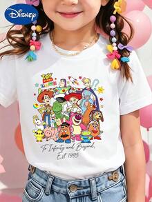 [1 Pc]Girls Disney Toy Story Graphic Short Sleeve T Shirt Casual Crew Neck Summer Tee For Kids - White - View 1
