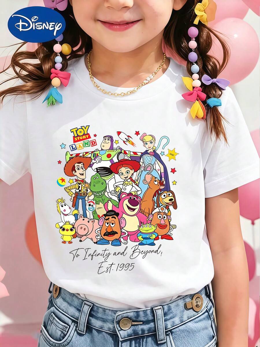 [1 Pc]Girls Disney Toy Story Graphic Short Sleeve T Shirt Casual Crew Neck Summer Tee For Kids - White - View 1