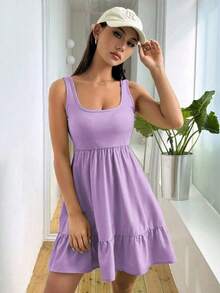 Vestido casual de mujer de unicolor con volantes en el bajo, para verano - Morado - Ver 4