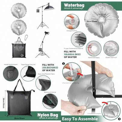 Juego de 3 bolsas de arena con 2 bolsas de peso de agua y 1 bolsa de arena impermeable para soporte de telón de fondo, soportes de estudio, toldos, trípodes, tiendas de campaña, sillas de pesca