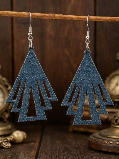 1 Pair Retro Geometric Hollow Denim Earrings, Bohemian Denim Fabric Earrings
