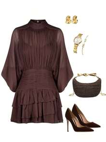 Vestido romántico con mangas de murciélago y dobladillo con volantes, adecuado para citas - Marrón Chocolate - Ver 8