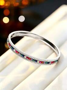 1 pieza Pulsera de lujo con doble aro y cristales de Rhinestone, accesorio delicado y versátil para uso diario, adecuado para regalos y fiestas - pulsera - Ver 6