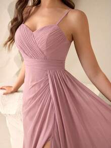 UNITHORSE Vestido de dama de honor con tirantes finos y abertura alta de unicolor minimalista para boda - Rosa vieja - Ver 5