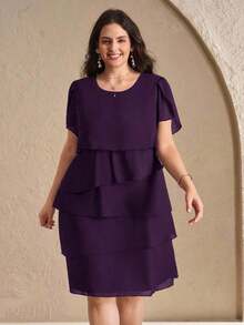 Reflora Vestido de moda con cuello redondo, mangas con volantes y estampado floral para mujer de talla grande - Morado - Ver 3