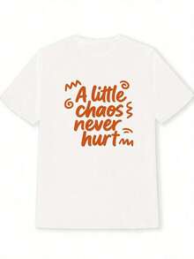 Camiseta Blanca Casual para Mujer con Texto Naranja en Mano y Elegante Estampado Curvo - Top de Manga Corta con Cuello Redondo Suave para Primavera y Verano, Camisetas para Damas - Blanco - Ver 3