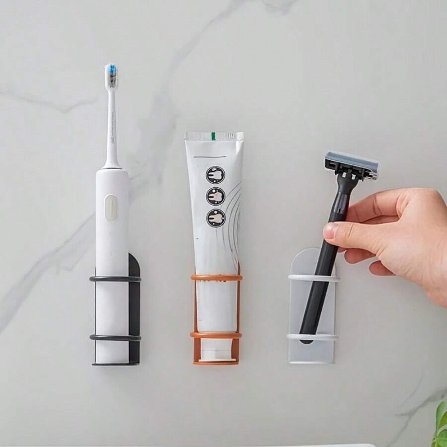 2pcs Wall Mounted Toothbrush & Makeup Brush Holder, No Drilling Toothpaste & Toothbrush Organizer, Razor Stand Storage Rack, Oral Care & Cosmetic Brush Holder, Bathroom Accessories, Suitable For Bathroom And RV Bathroom, Bathroom Essentials