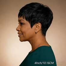 AMECIRE Women's Elf Short Wig, 4 Inch Straight Hair, 100% Human Hair, No Lace Front, Suitable For Daily Wear And Cosplay - Natural Black - View 5