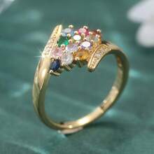 優雅奢華金戒指，鑲嵌多色合成鋯石，女士婚禮與派對飾品，完美的節日紀念禮物 - 金色 - 查看 6