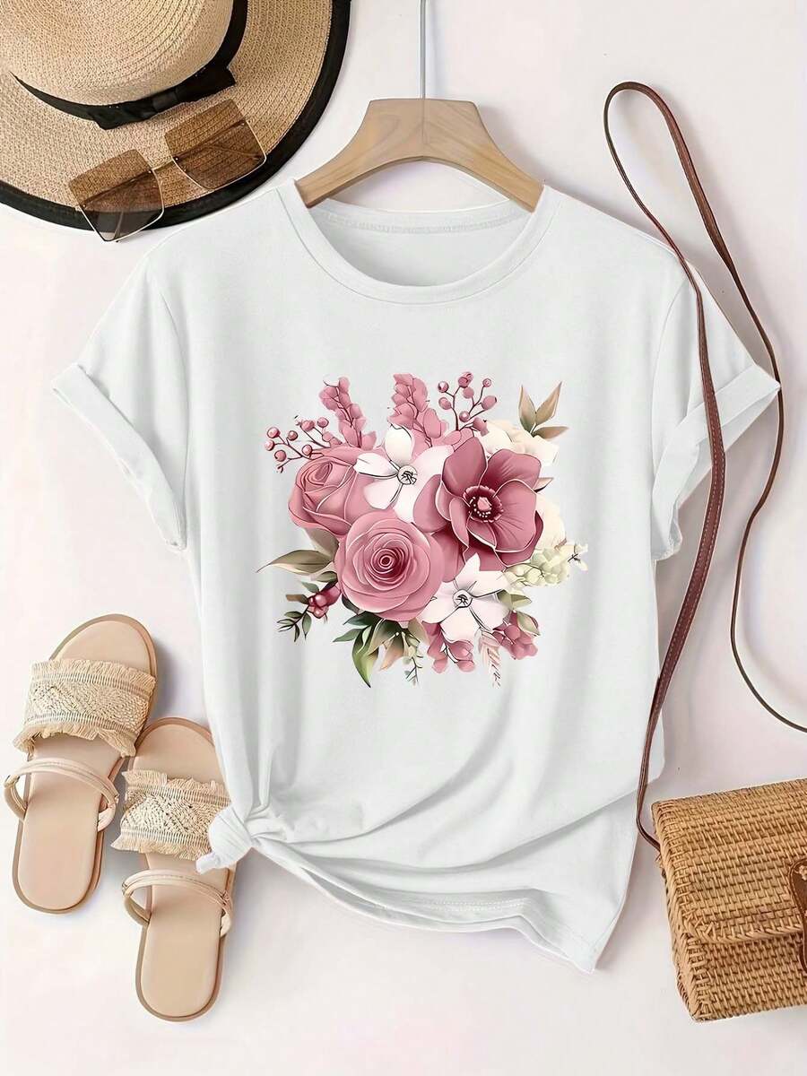 Camiseta manga corta cuello redondo 100% algodón, estampado trendy, tejido ligero y ventilado, estilo moda casual, apta para vida diaria, salidas informales y citas en primavera, verano y otoño - Blanco - Ver 1