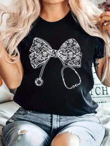 Women's 100% Cotton T-Shirts With A Floral Print, Lace, Bow, Stethoscope, And A Flirty Style, Perfect For Nurses And Medical Staff. Soft, Short-Sleeved, Fashionable, And Comfortable Printed Cotton T-Shirt For Summer. - 黑色 - 查看 1