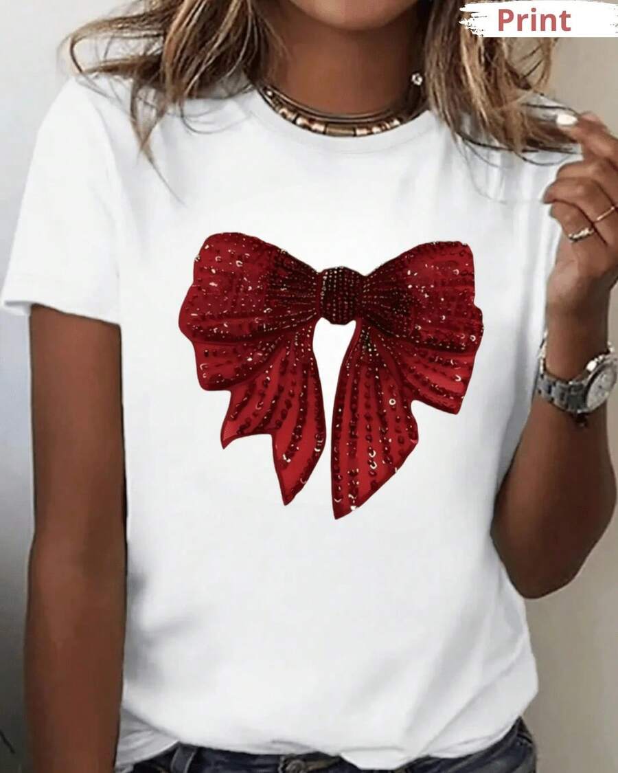 Camiseta casual con estampado, moño rojo listón lazo simula lentejuela , para mujer ajuste regular manga corta playera cuello redondo, blusas gráficas para mujer - Blanco - Ver 1