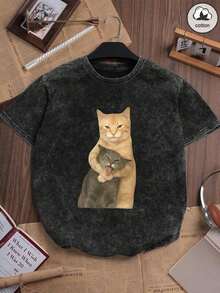 Moda 2026 Para Mujer Cotton T-shirt Casual Calidad  Camiseta de mujer de manga corta con cuello redondo y estampado de gato, de estilo casual, cómoda y holgada, con estilo retro callejero para uso diario, color negro de verano Camiseta Básica Unisex - Negro - Ver 6