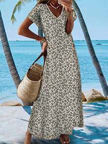 Leichtes, elegantes Ditsy-Blumen-Maxikleid mit V-Ausschnitt, vielseitig einsetzbar für Casual, Urlaub, Büro, Muttertag, Frühling/Sommer - Braun - Übersicht 2