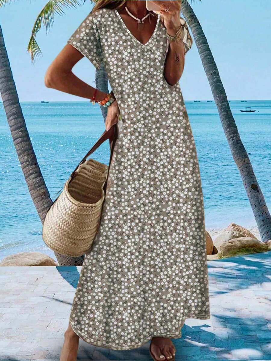 Leichtes, elegantes Ditsy-Blumen-Maxikleid mit V-Ausschnitt, vielseitig einsetzbar für Casual, Urlaub, Büro, Muttertag, Frühling/Sommer