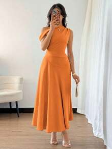 Elenzya Vestido elegante, de moda y lindo de estilo bohemio francés con volante asimétrico en el hombro y diseño entallado y acampanado en color verde macaron, adecuado para ocasiones de verano como vacaciones, graduación, Día de la Independencia, citas, vacaciones - Naranja - Ver 5