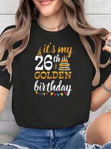 Cotton T-Shirt % Cotton With The Phrase My 26th Birthday Gold. Happy Day. 26 Years Paraí. Printed Crew Neck T-Shirt For Summer. Soft Short Sleeve T-Shirt For Women. Stylish And Comfortable T-Shirt For Women. Graphic T-Shirts.-Vintage Street Style Unisex Loose Cotton Short Sleeve Crew Neck T-Shirt. Blouses For Women, Women's T-Shirts, Casual Blouses For Ladies. - Black - View 6