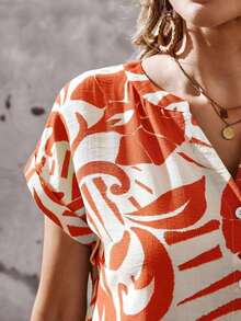 Vestido corto de mujer de un solo pecho con cuello muescado de estampado completo, estilo de vacaciones de verano - Rojo - Ver 5